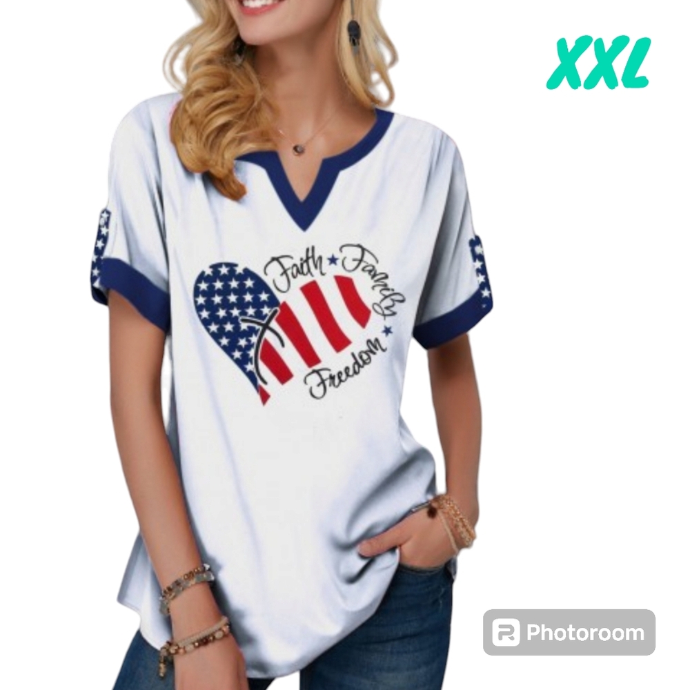 Omnow Faith Family Freedom V Neck Short Sleeve Patriotic Memorial Day Women XXL
